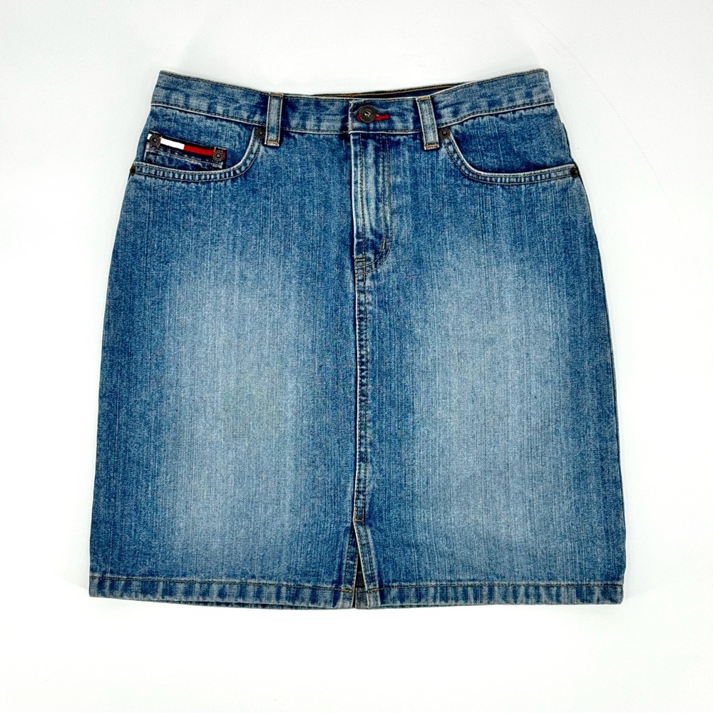 Vintage Y2K Tommy Hilfiger Front Slit Medium Wash Denim Mini Skirt